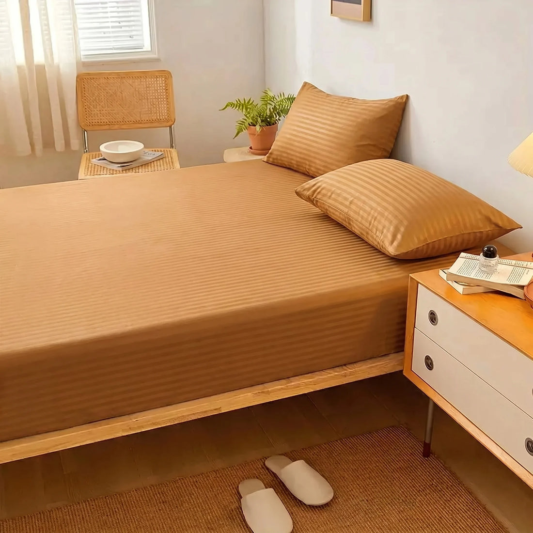 Amber Copper Dyed Stripe Fitted Sheet Set