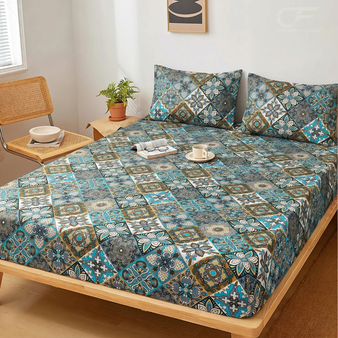 Azure Mosaic Printed Fitted Sheet