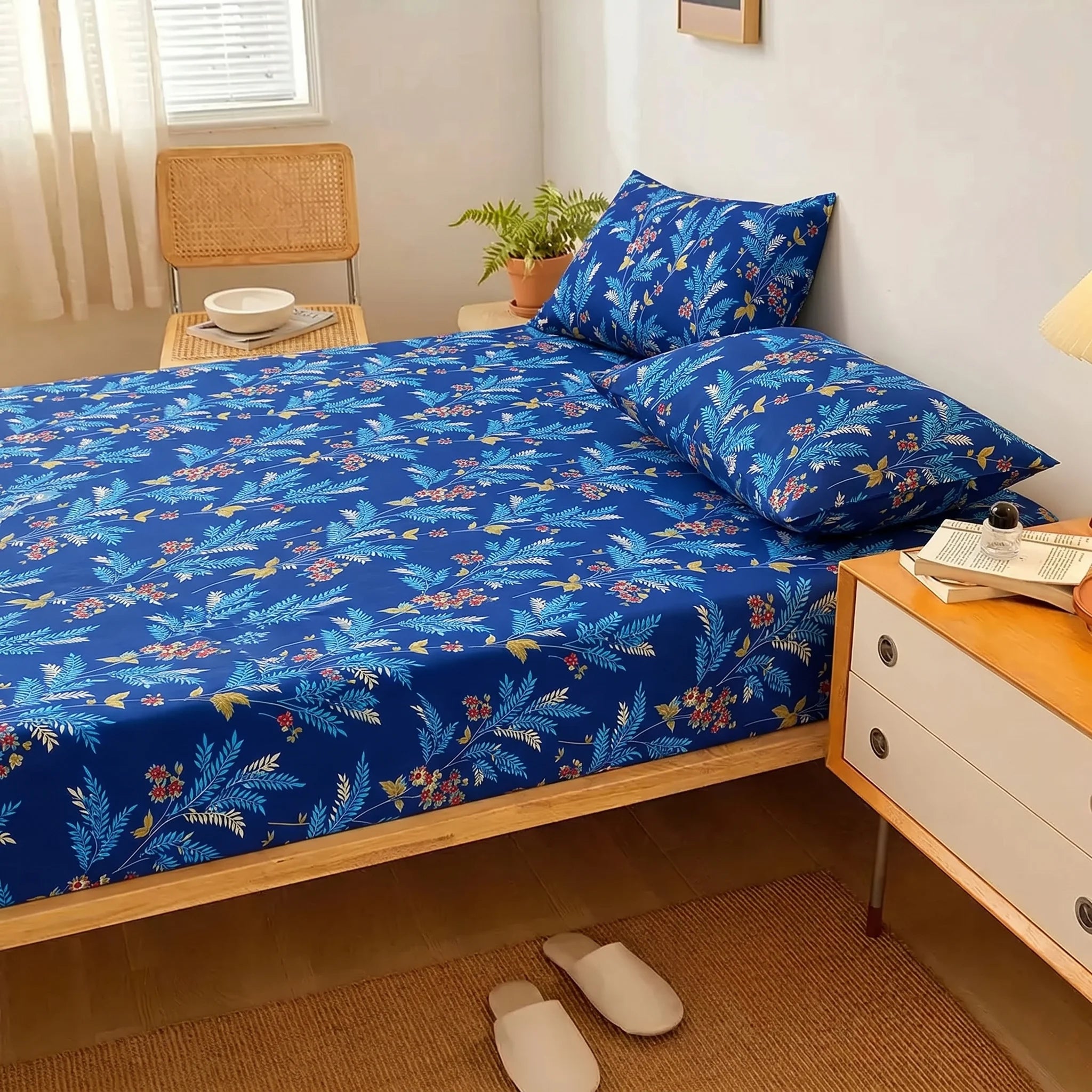 Azure Wildflower Printed Fitted Sheet Set