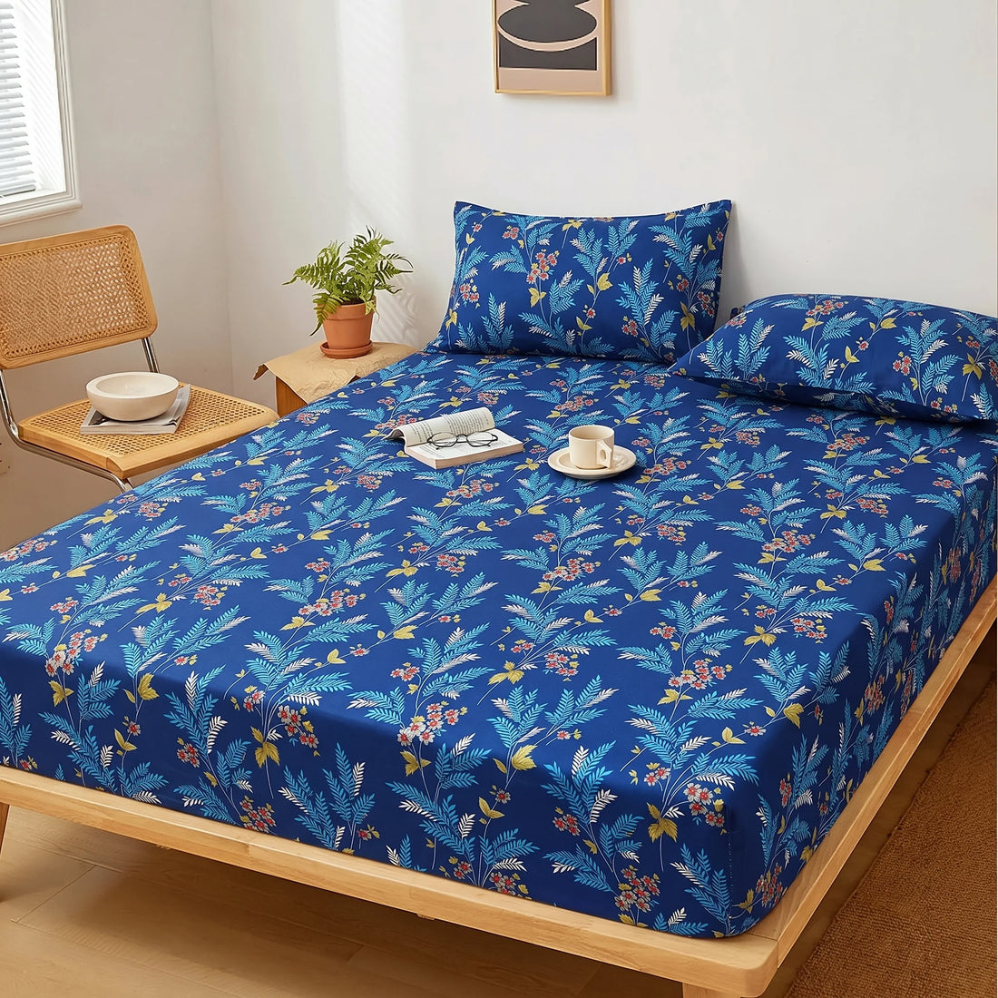 Azure Wildflower Printed Fitted Sheet Set