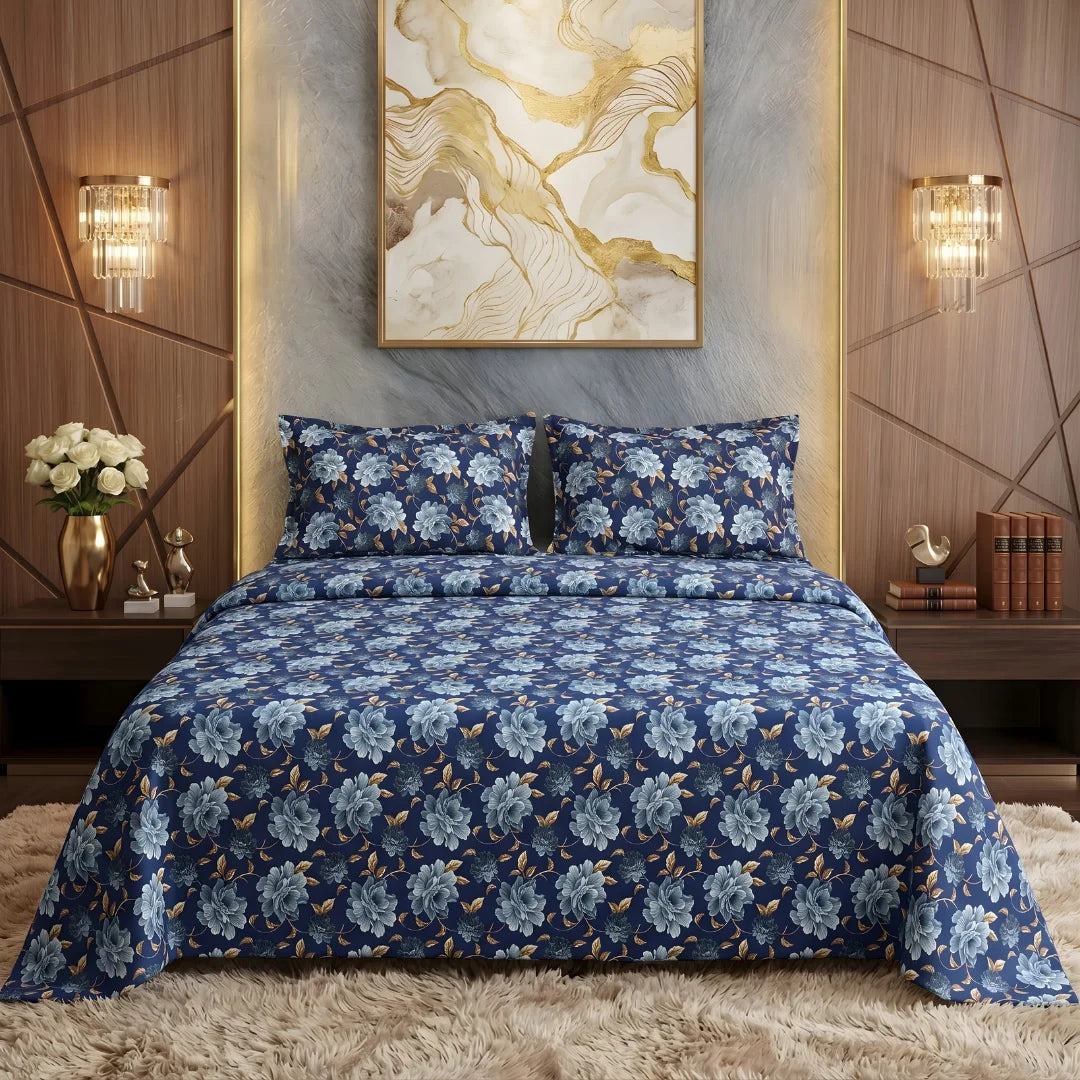 Blue Floral Micro Cotton Bedsheet Set