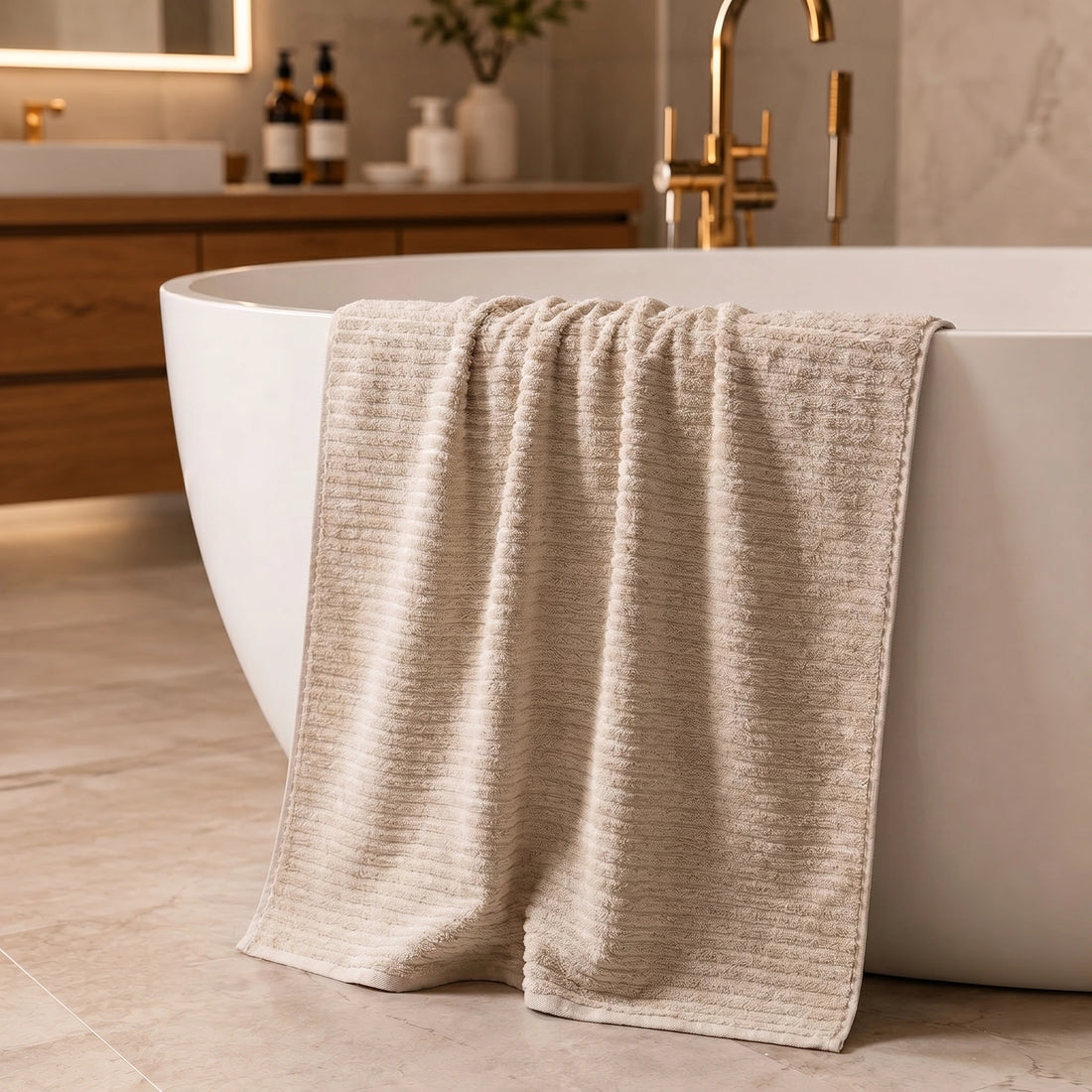 Beige Ribbed Cotton Bath Towel — Modern, Sophisticated & Serene