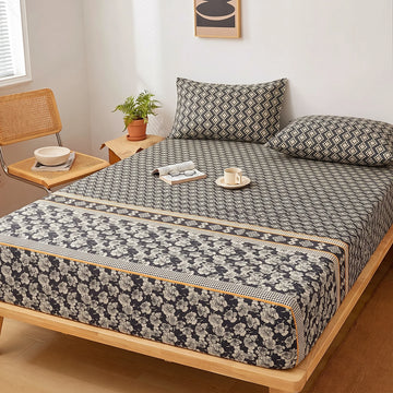 Charcoal Floral Fitted Sheet Set— Pure Cotton