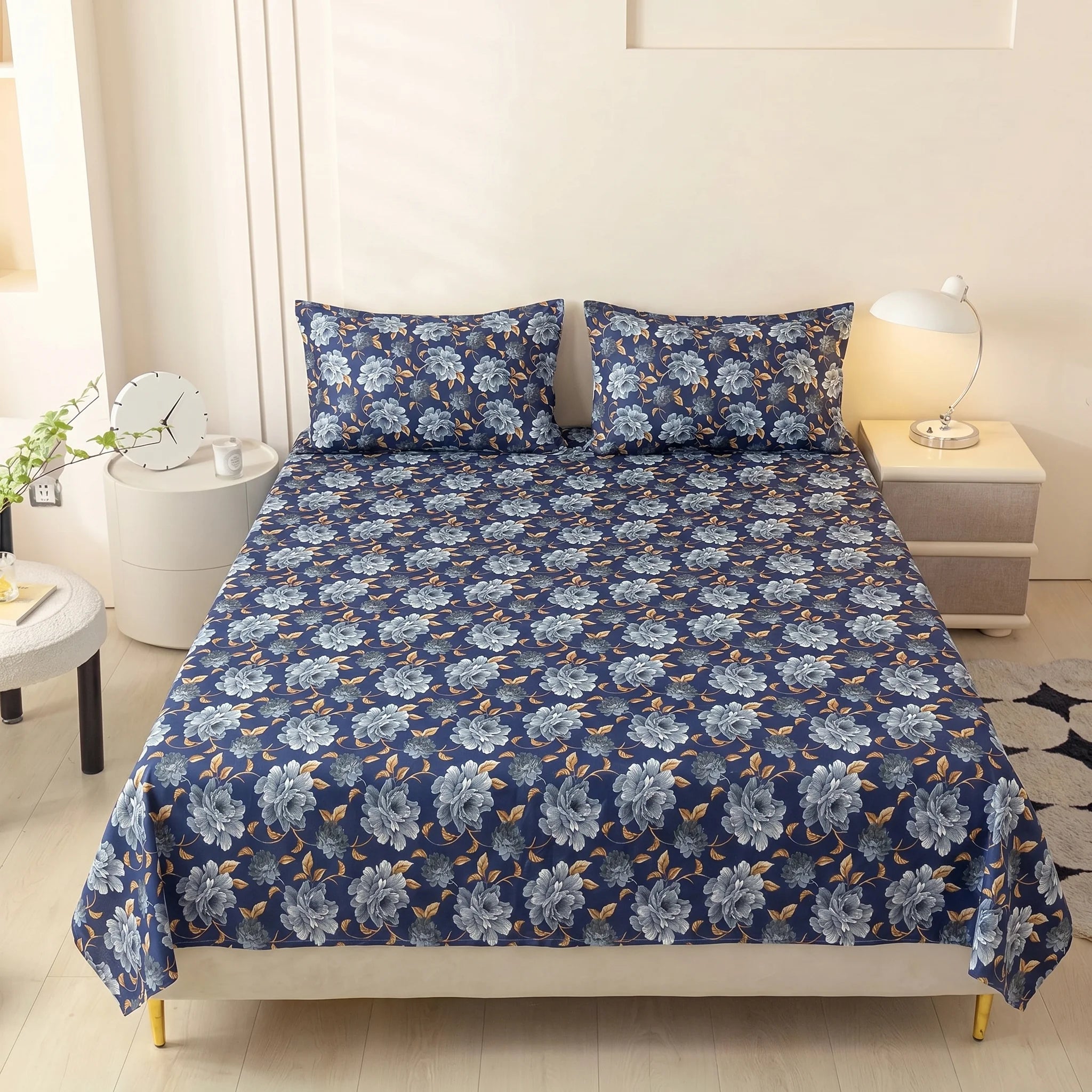 Blue Floral Micro Cotton Bedsheet Set