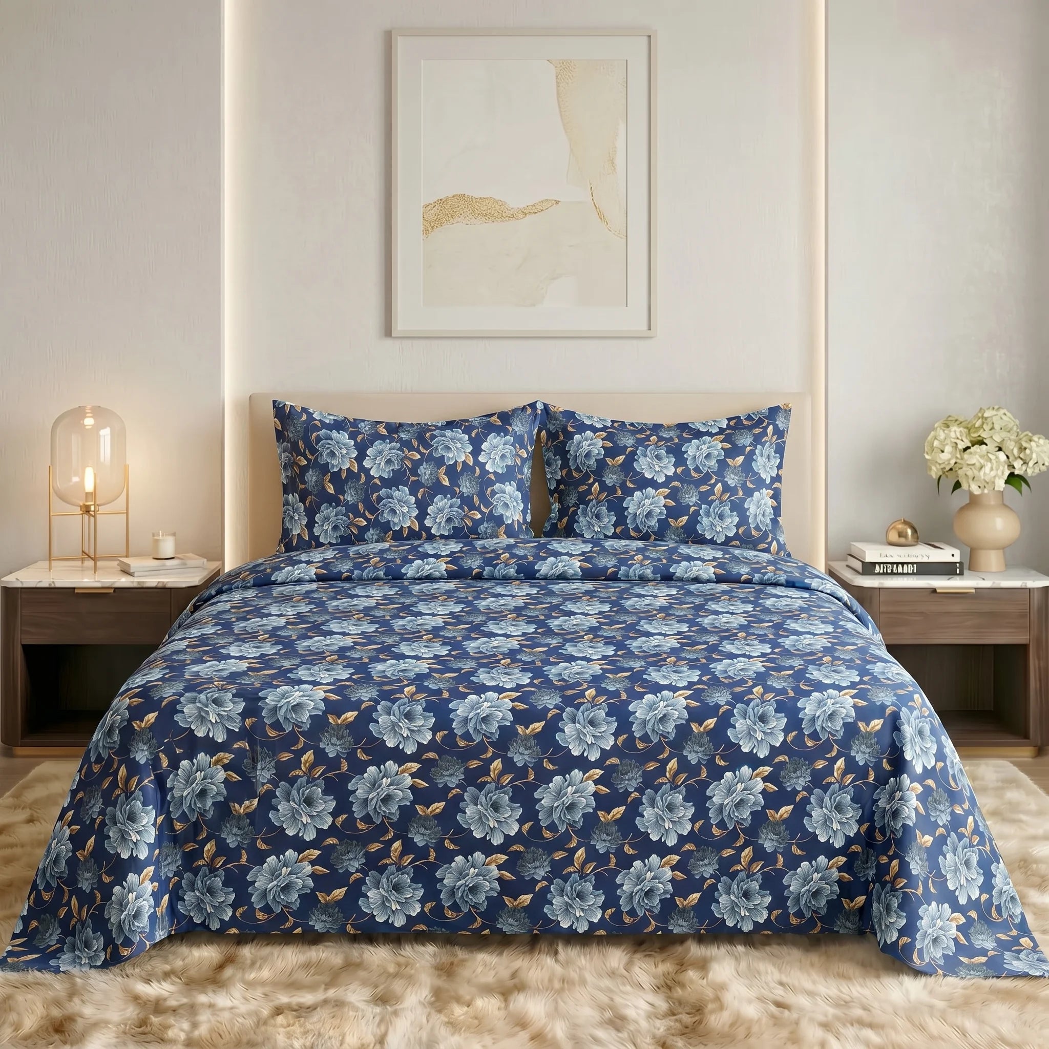 Blue Floral Micro Cotton Bedsheet Set