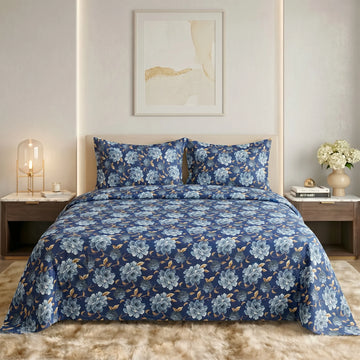 Blue Floral Micro Cotton Bedsheet Set