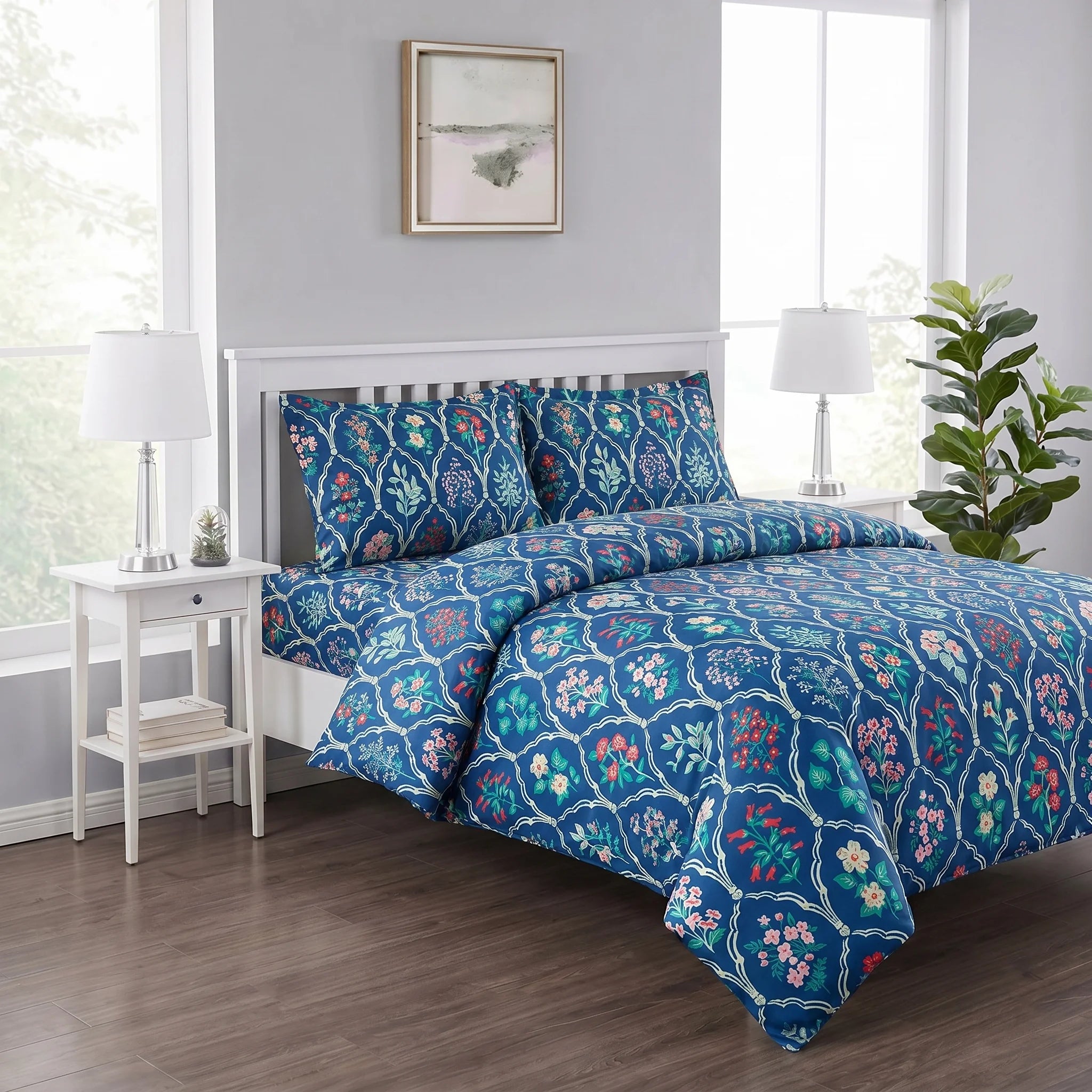 Blue Floral Trellis Duvet Cover Set — Printed