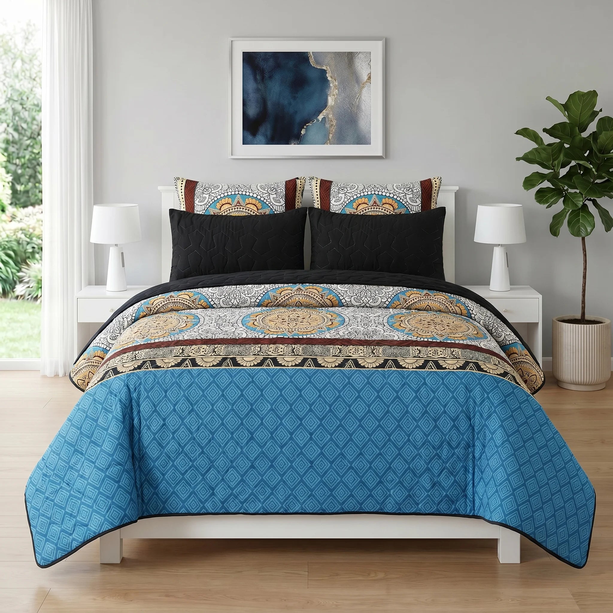 Blue Mandala Ethnic Bed Spread Set — 6 PCS