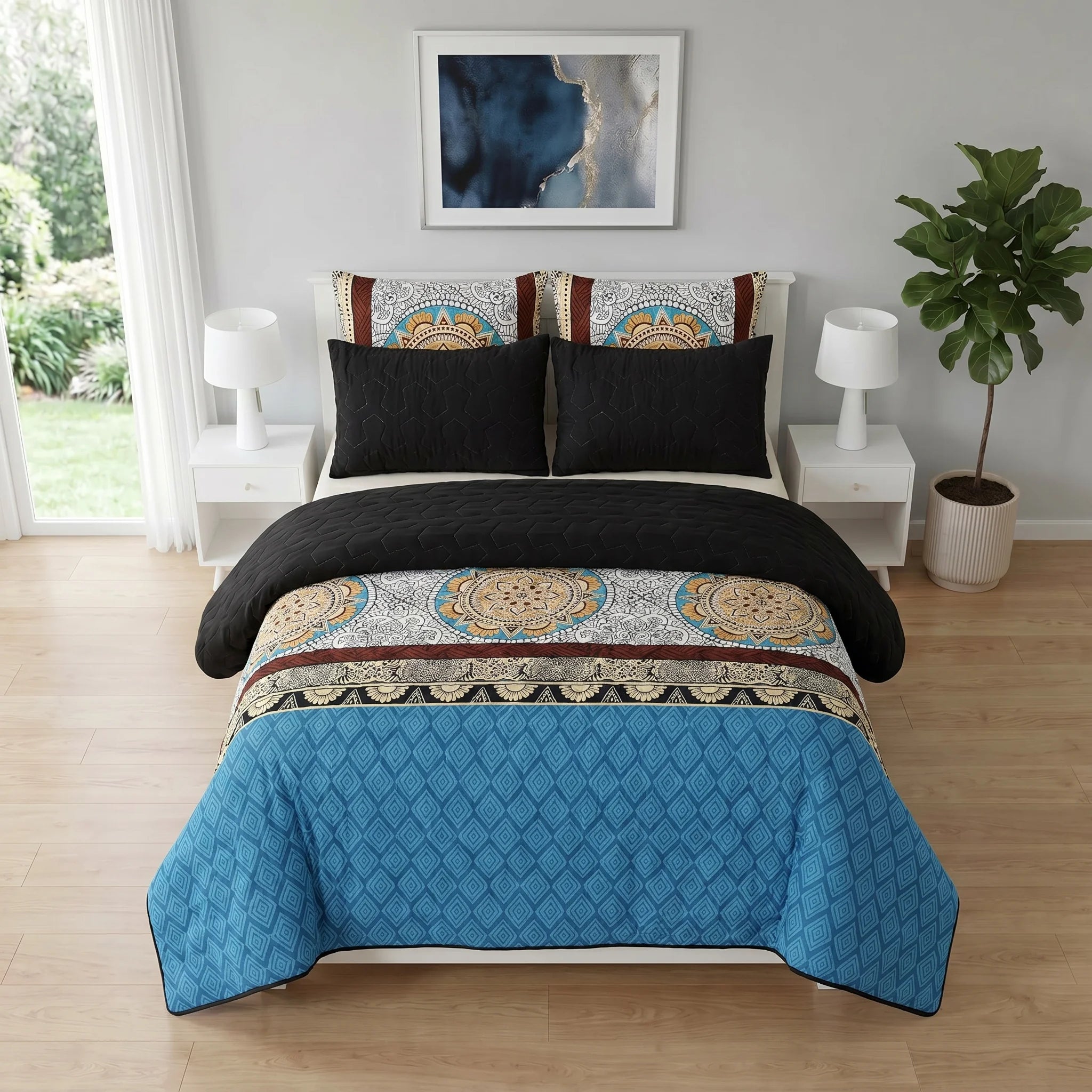 Blue Mandala Ethnic Bed Spread Set — 6 PCS