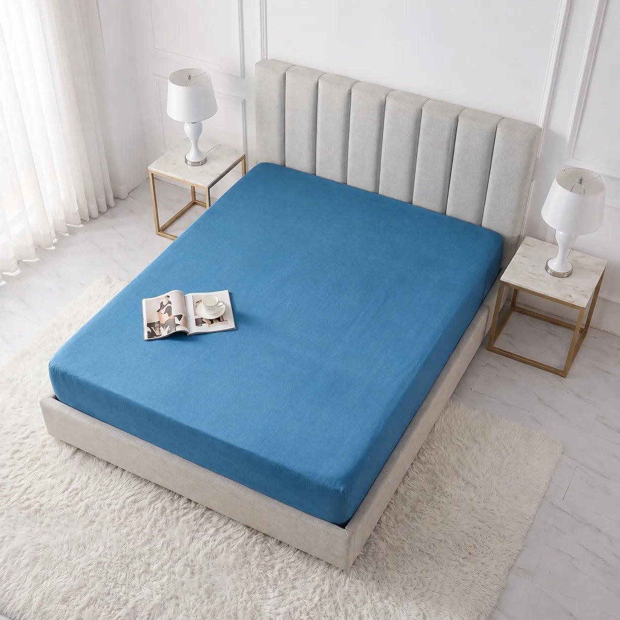 Blue Micro Cotton Mattress Cover — With Zipper