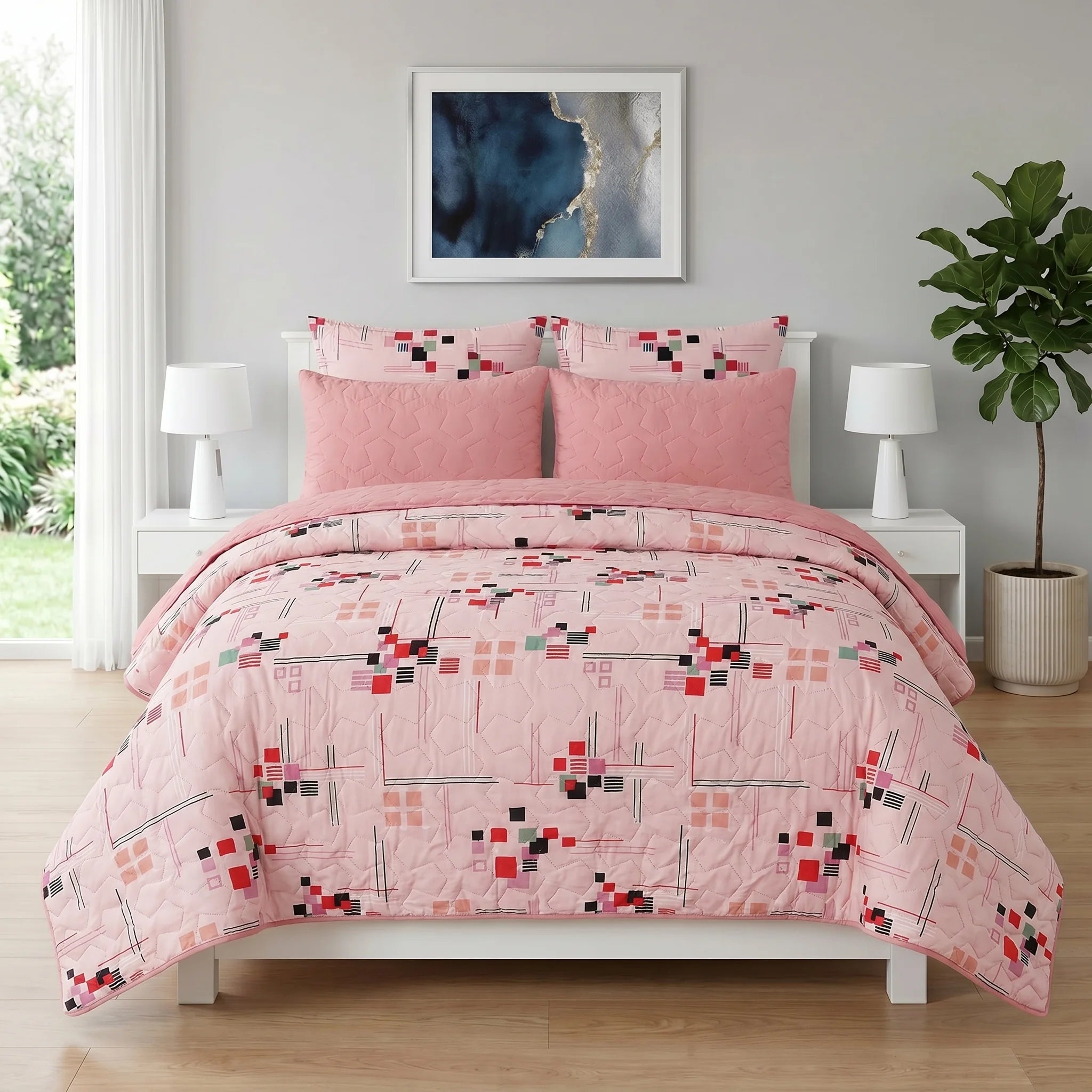 Blush Pink Abstract Geometric Bed Spread Set — 6 PCS