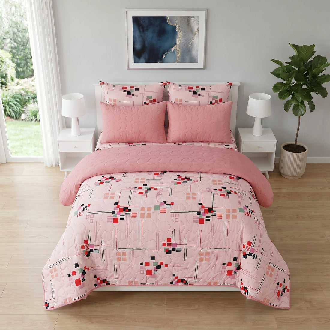 Blush Pink Abstract Geometric Bed Spread Set — 6 PCS