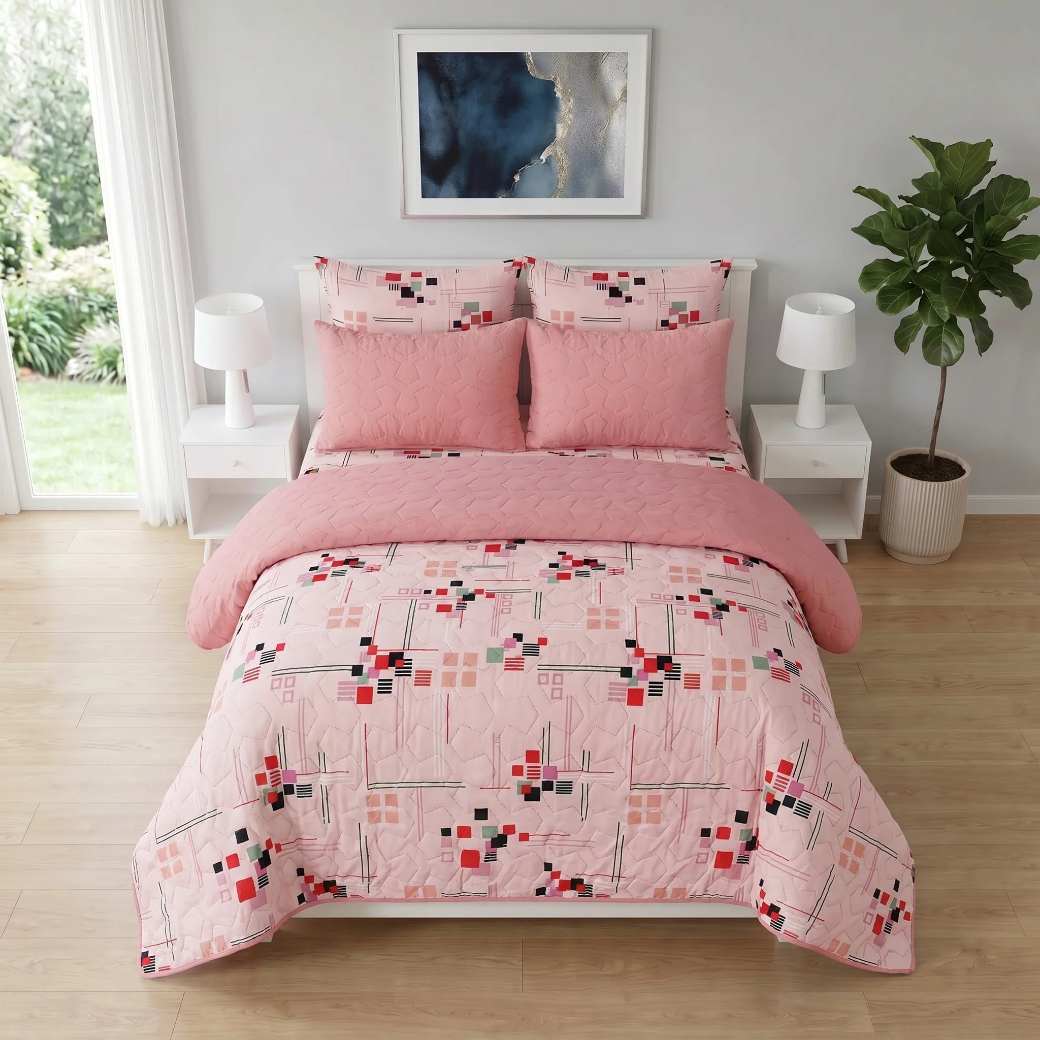 Blush Pink Abstract Geometric Bed Spread Set — 6 PCS