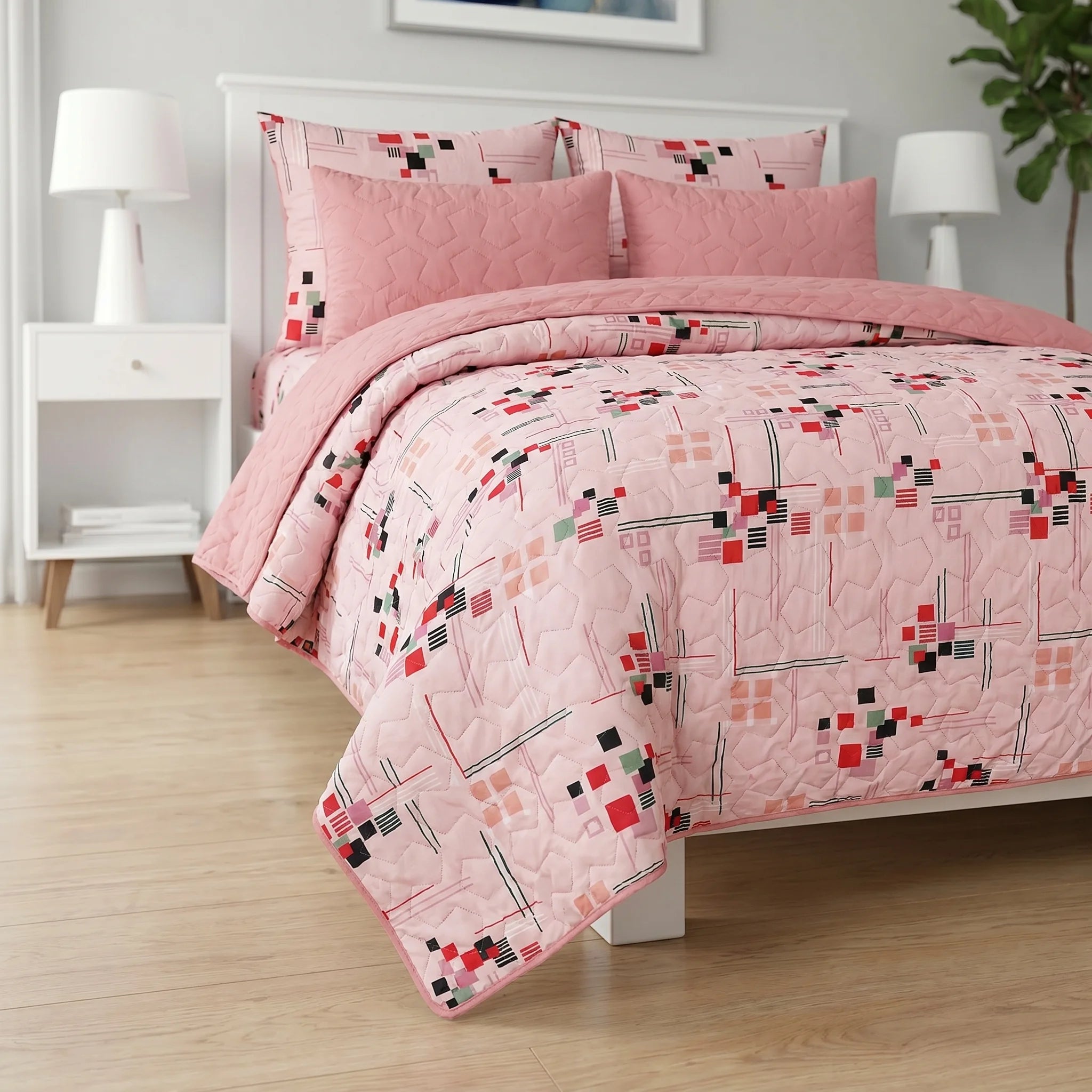 Blush Pink Abstract Geometric Bed Spread Set — 6 PCS