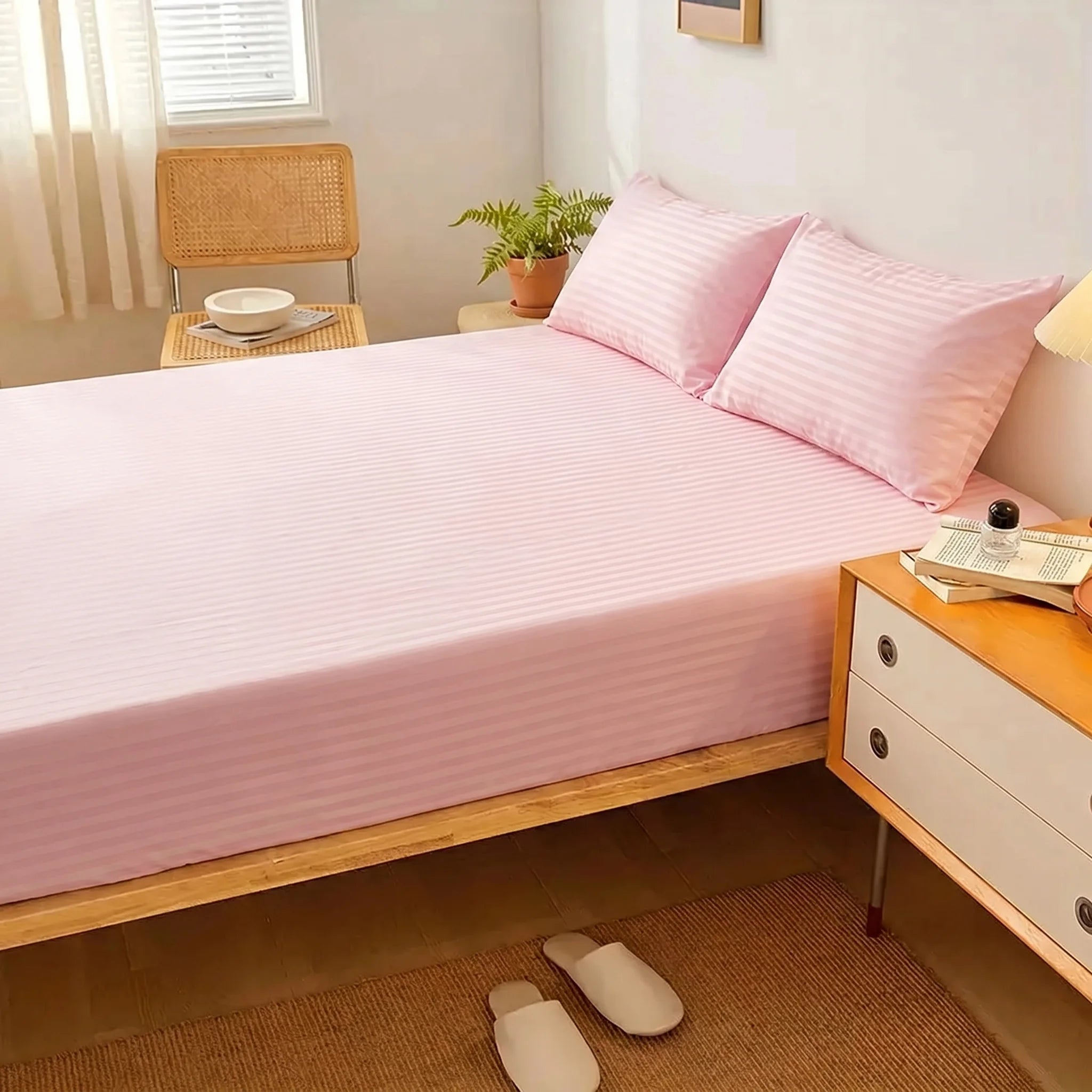 Blush Pink Dyed Stripe Fitted Sheet Set