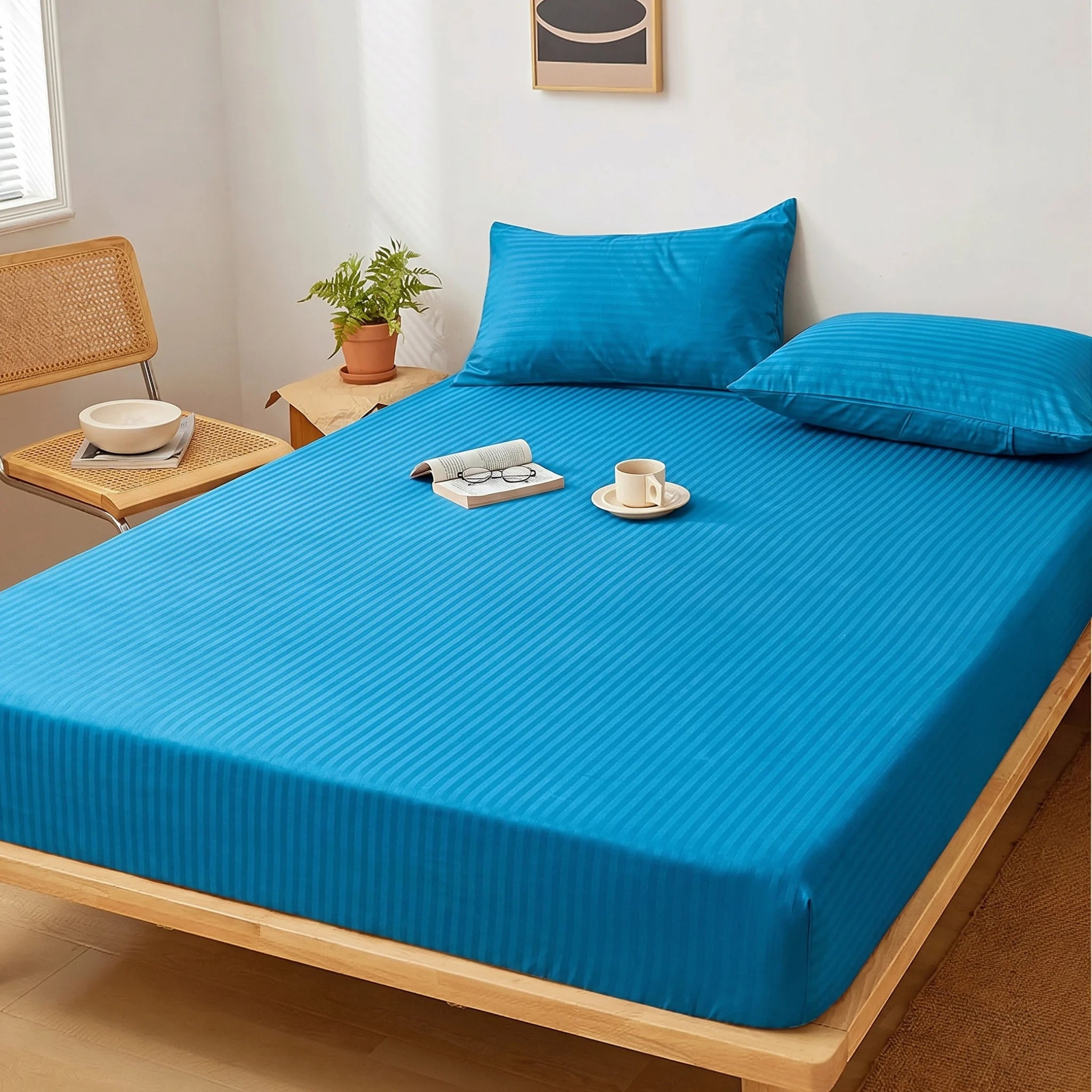 Cerulean Blue Dyed Stripe Fitted Sheet Set