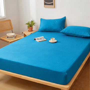 Cerulean Blue Dyed Stripe Fitted Sheet Set