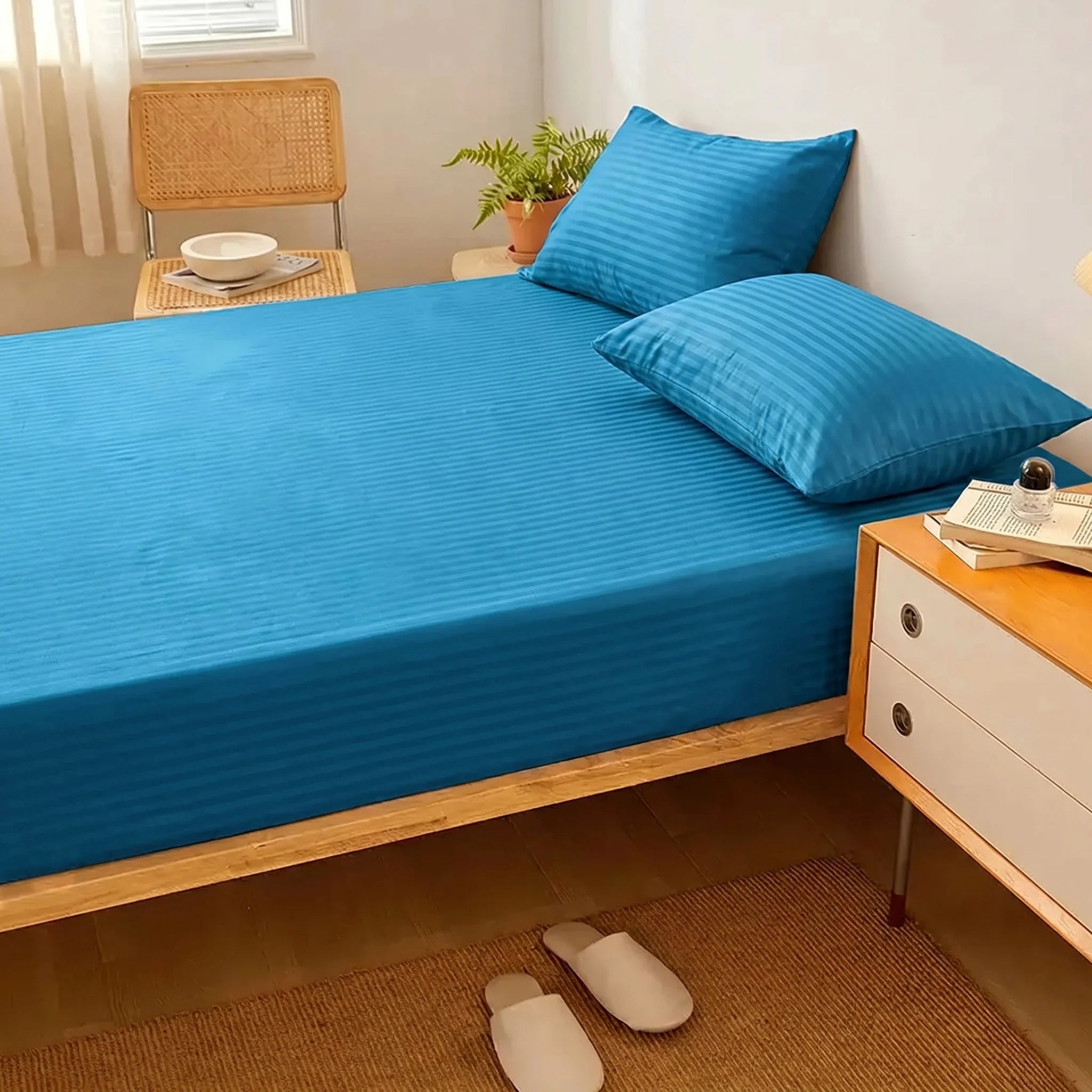 Cerulean Blue Dyed Stripe Fitted Sheet Set