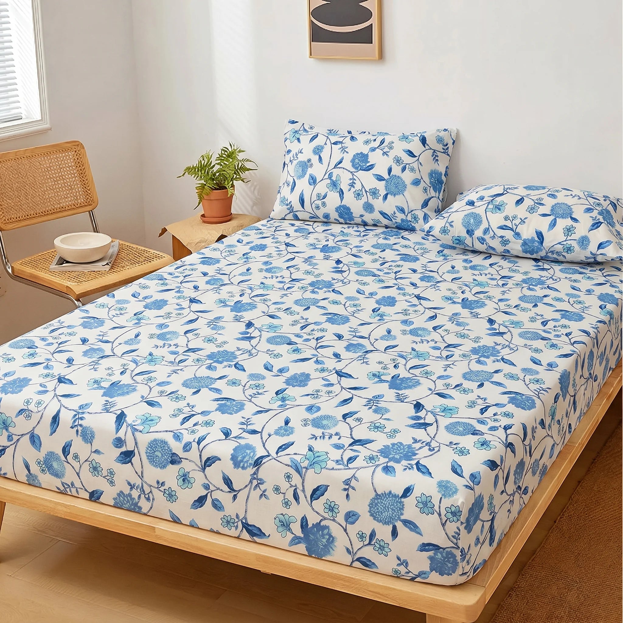 Cerulean Vine Premium Fitted Sheet Set