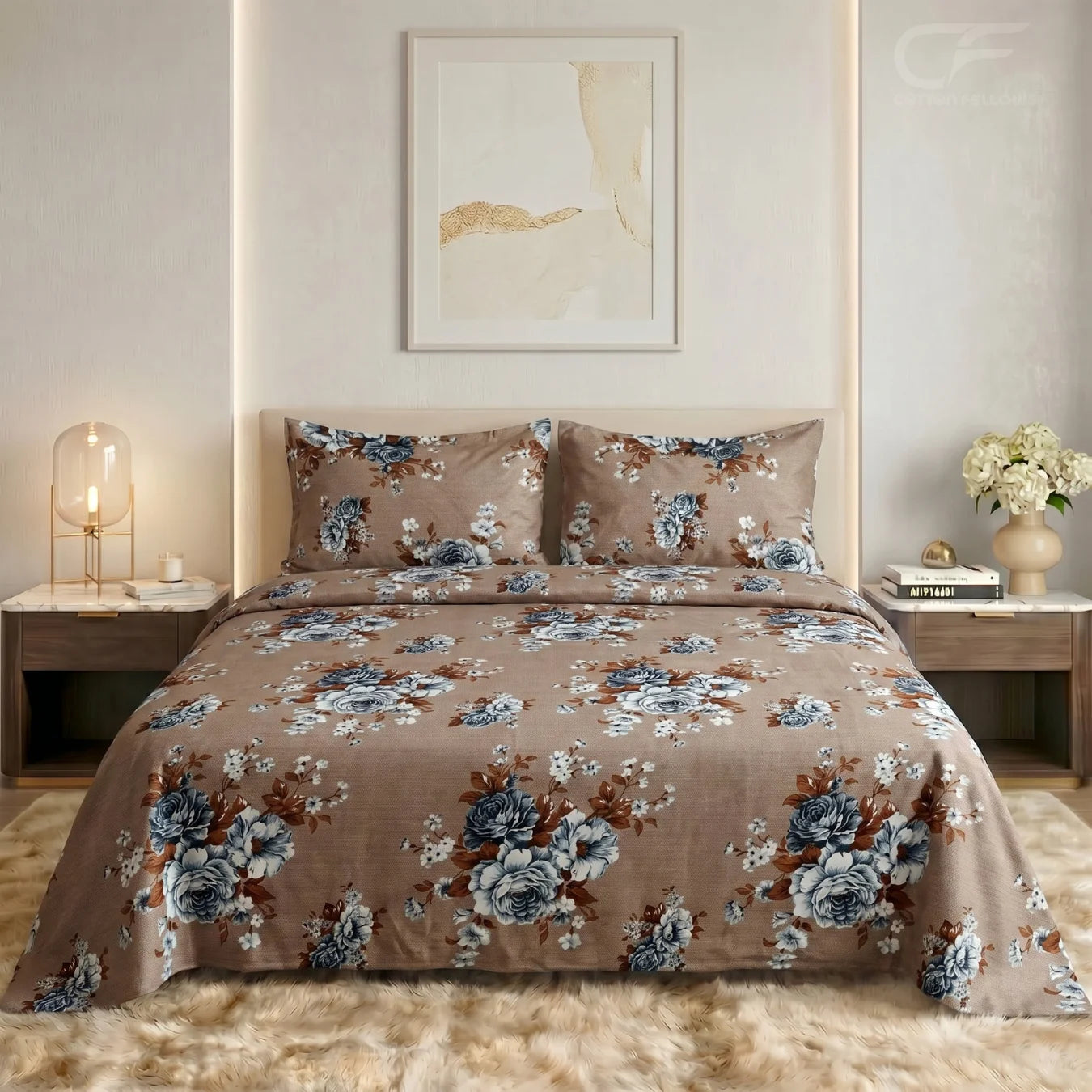 Champagne Rose Elegance Printed Bedsheet Set