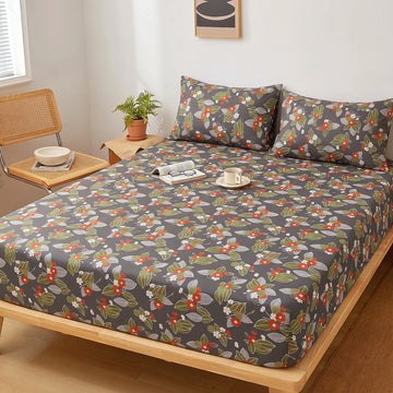 Charcoal Berry Leaf Fitted Sheet Set — Pure Cotton