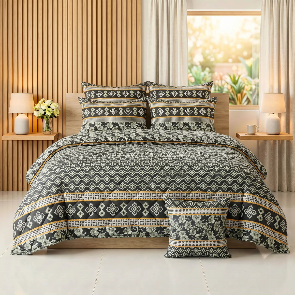 Charcoal Ethnic Geometric Comforter Set — 8 PCS