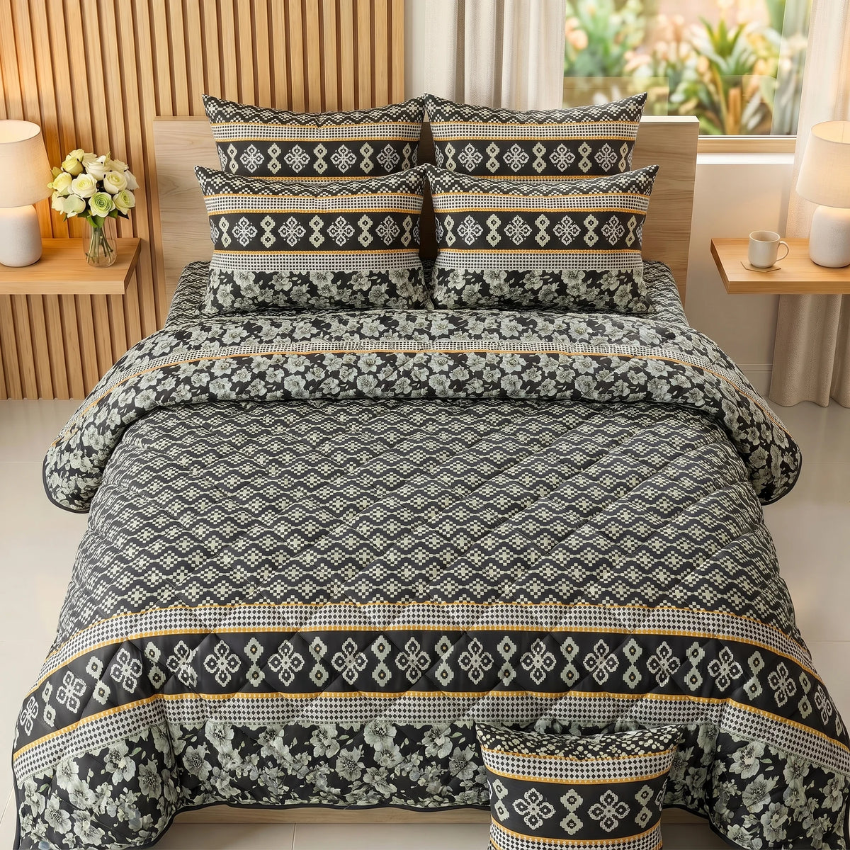 Charcoal Ethnic Geometric Comforter Set — 8 PCS