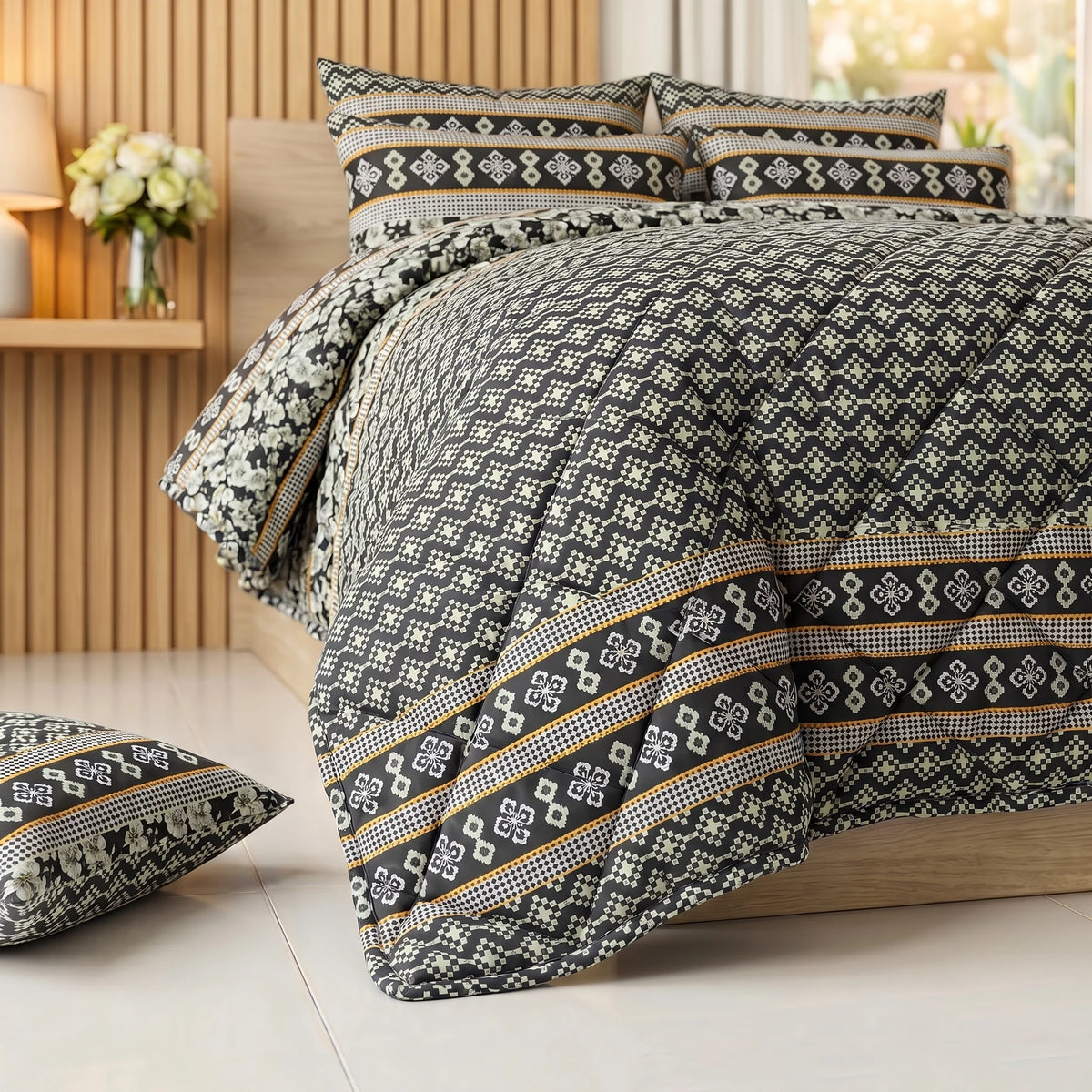 Charcoal Ethnic Geometric Comforter Set — 8 PCS