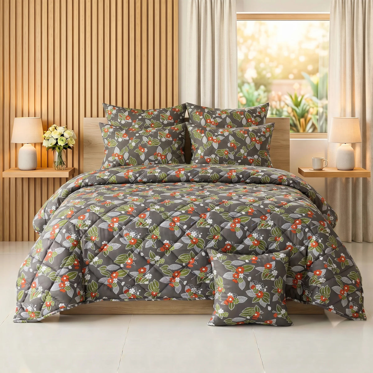 Charcoal Floral Comforter Set  — 8 PCS