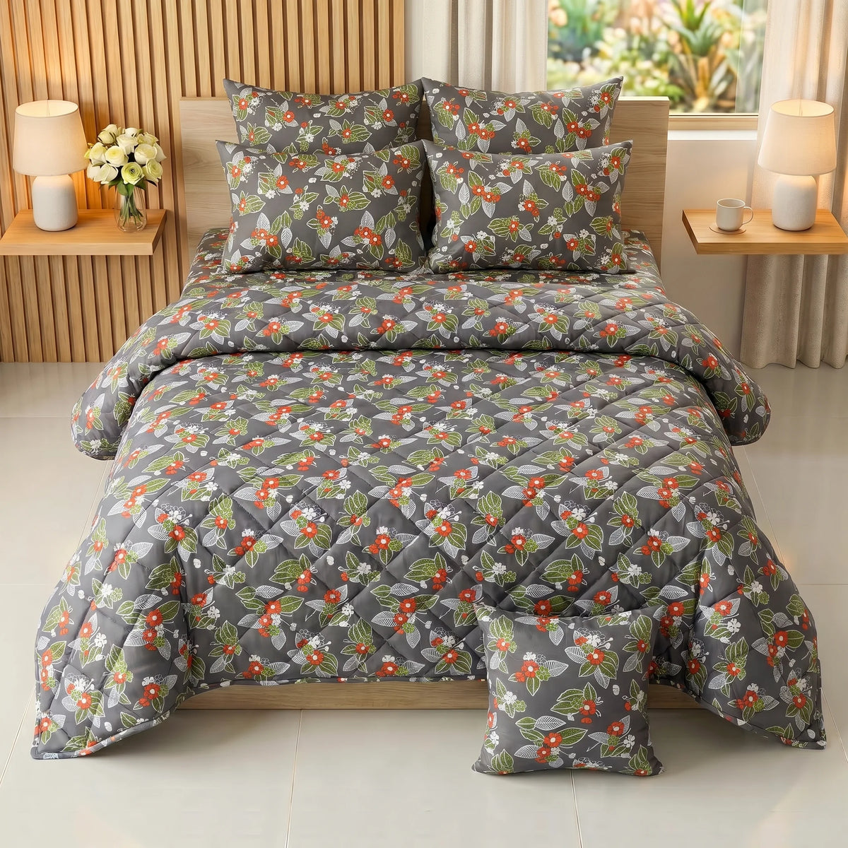 Charcoal Floral Comforter Set  — 8 PCS