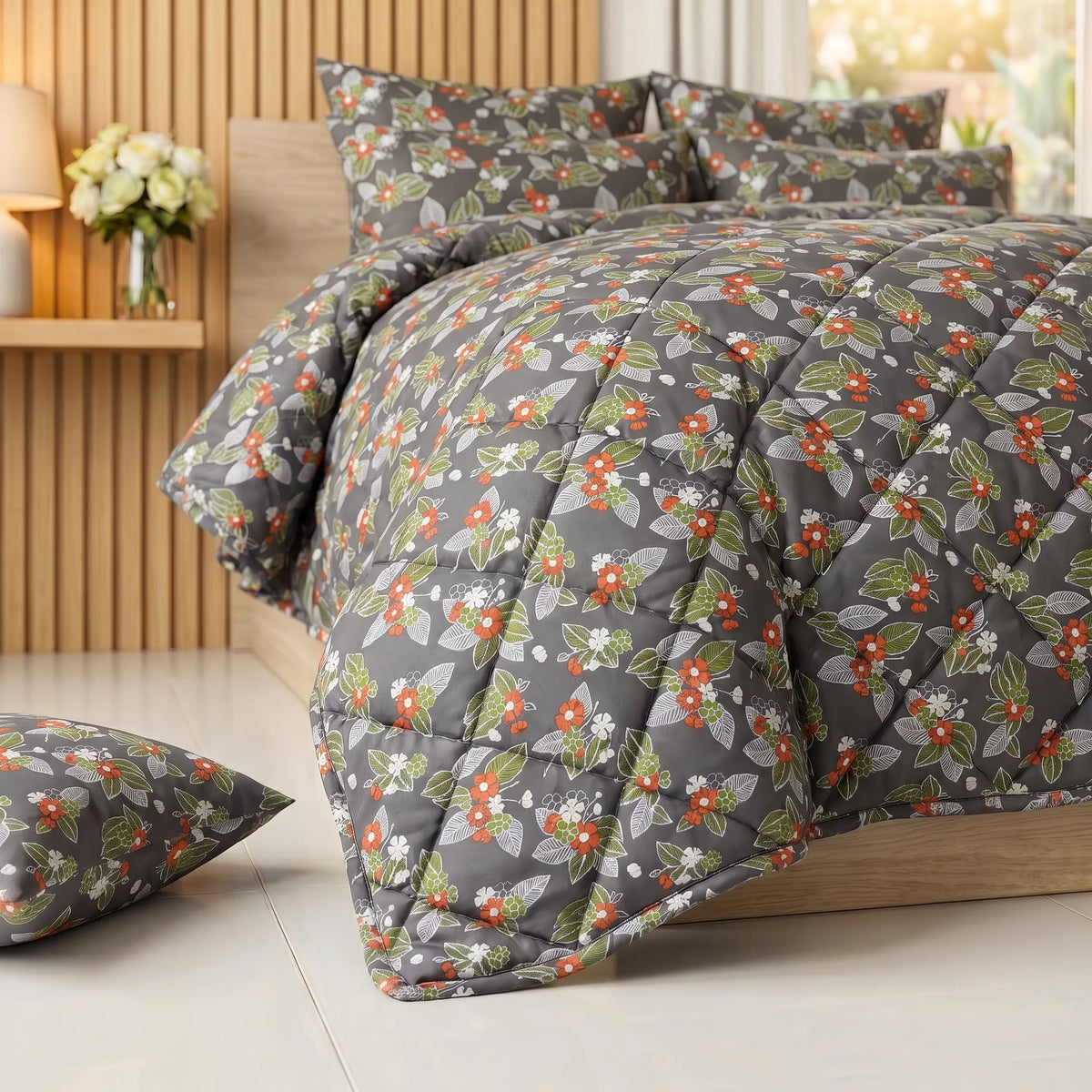 Charcoal Floral Comforter Set  — 8 PCS