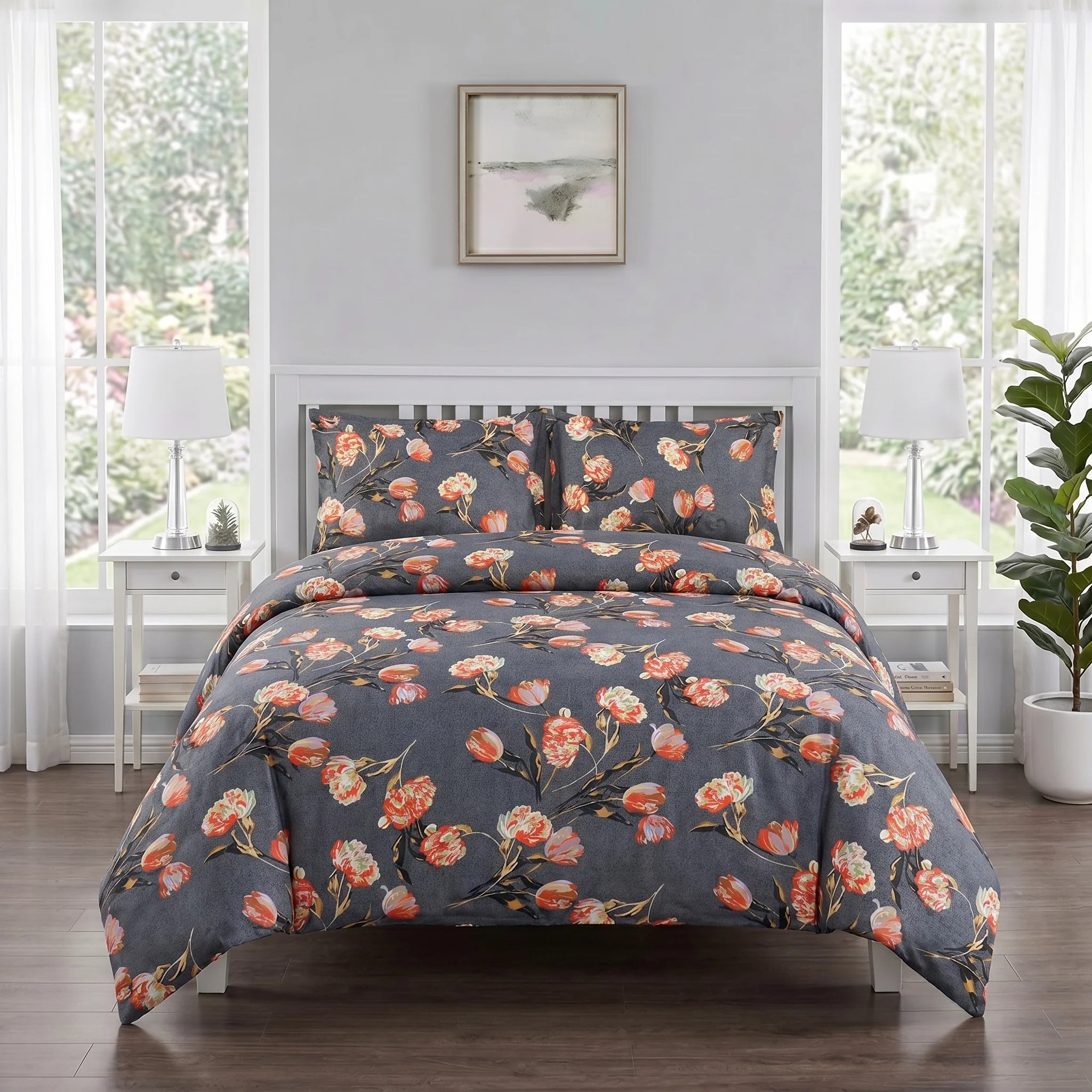 Charcoal Floral Duvet Cover Set — Printed