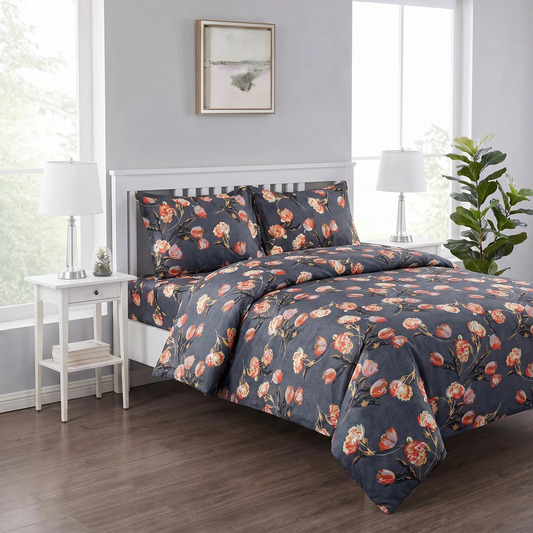 Charcoal Floral Duvet Cover Set — Printed