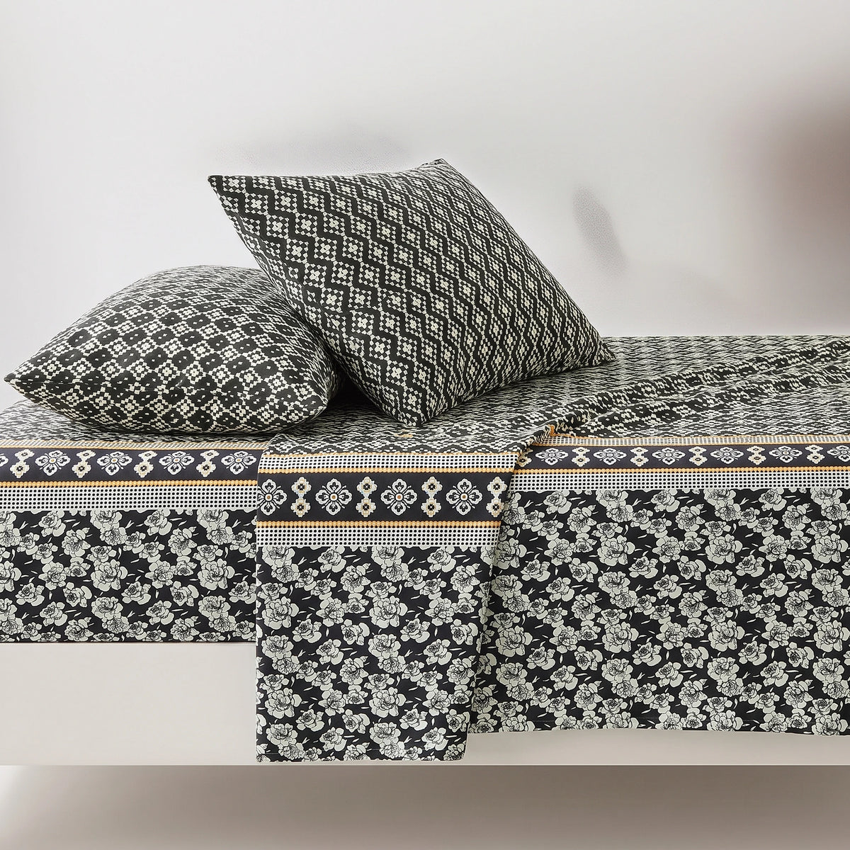 Charcoal Floral Lattice Pure Cotton Bedsheet Set — 3 PCS