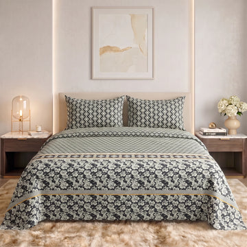 Charcoal Floral Lattice Pure Cotton Bedsheet Set — 3 PCS