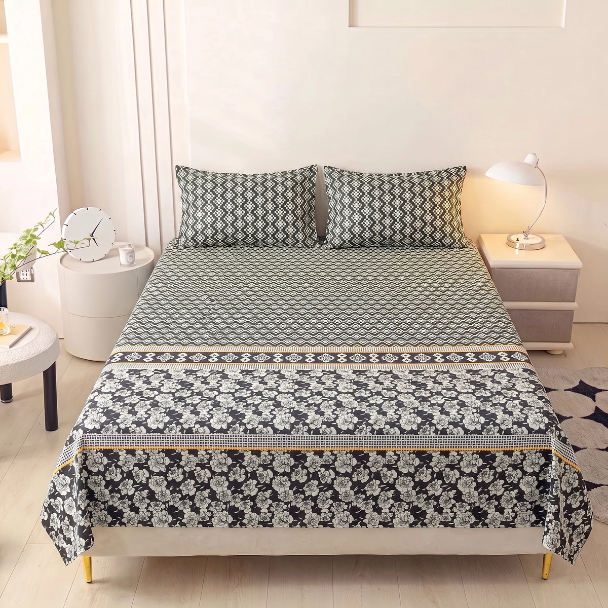 Charcoal Floral Lattice Pure Cotton Bedsheet Set — 3 PCS