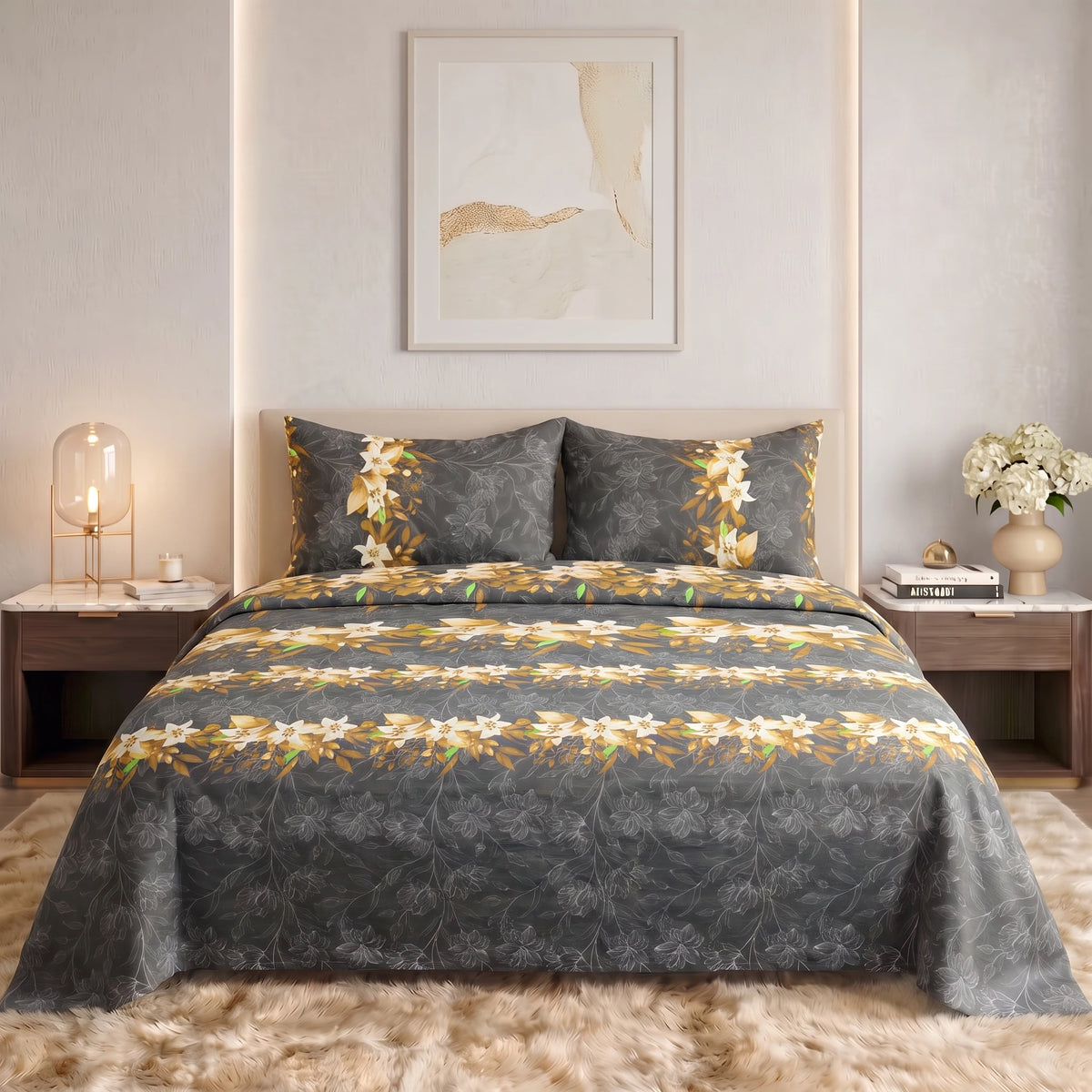 Charcoal Golden Lily Pure Cotton Bedsheet Set — 3 PCS