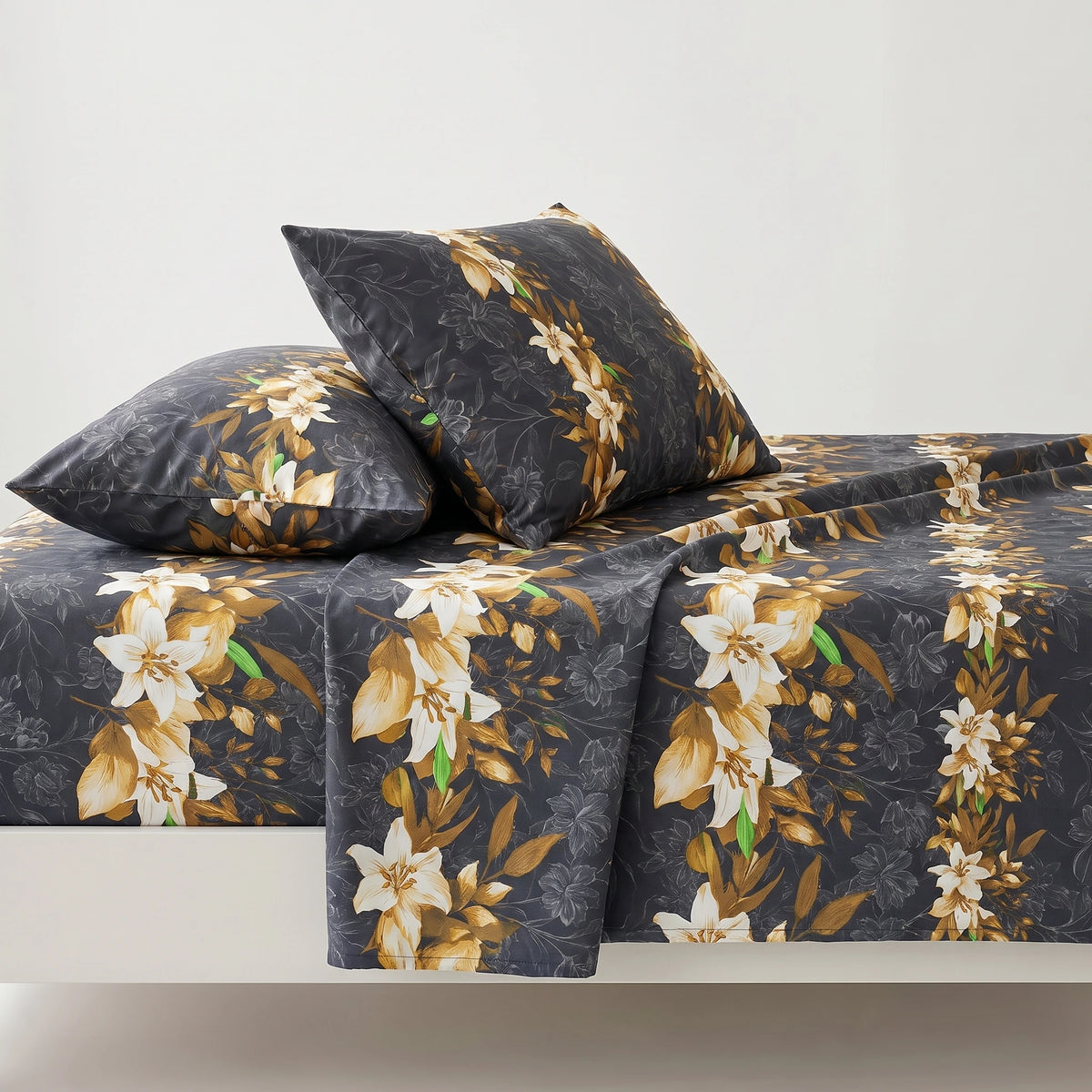 Charcoal Golden Lily Pure Cotton Bedsheet Set — 3 PCS