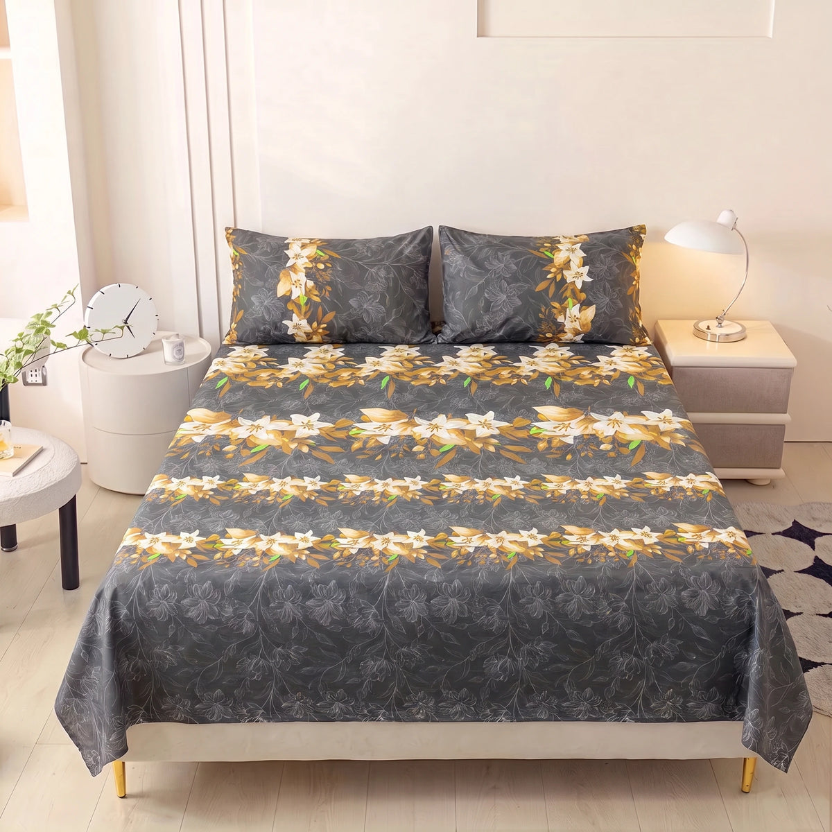 Charcoal Golden Lily Pure Cotton Bedsheet Set — 3 PCS