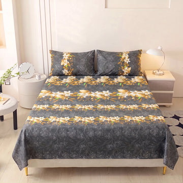 Charcoal Golden Lily Pure Cotton Bedsheet Set — 3 PCS