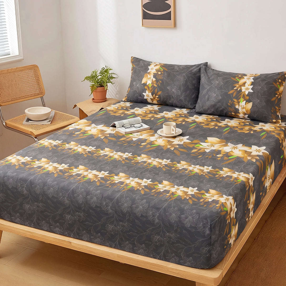 Charcoal Gold Lily Fitted Sheet Set — Pure Cotton
