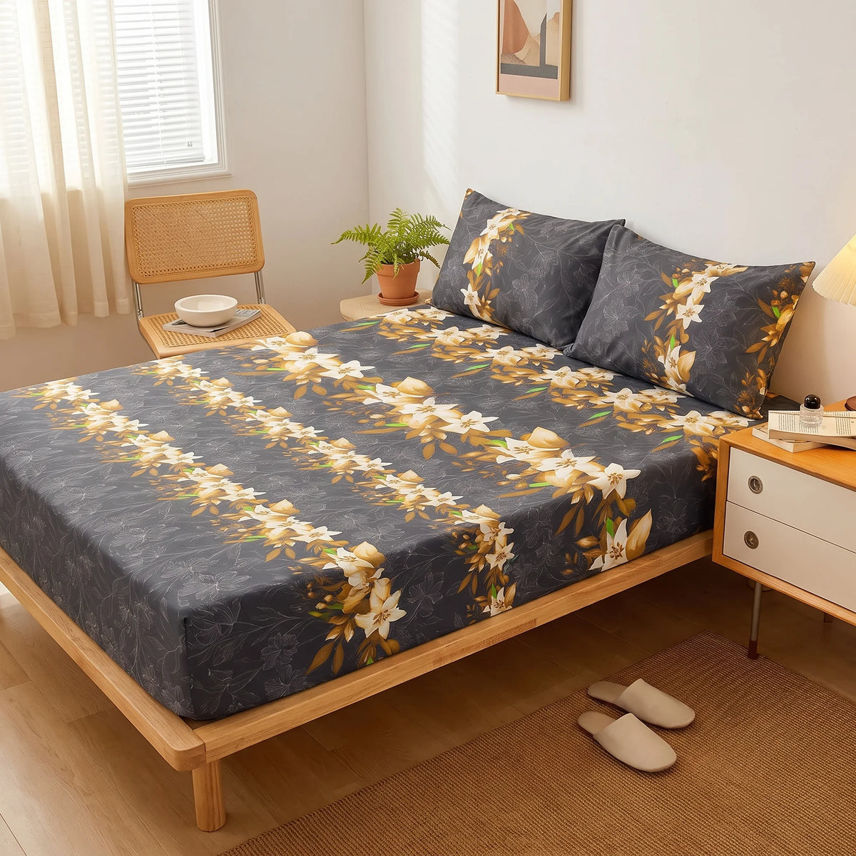 Charcoal Gold Lily Fitted Sheet Set — Pure Cotton