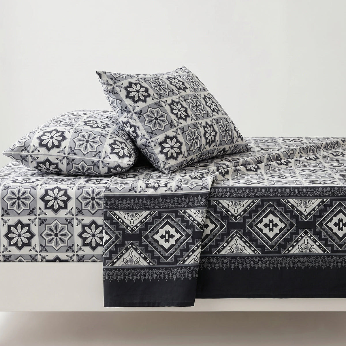 Charcoal Mosaic Tile Pure Cotton Bedsheet Set — 3 PCS