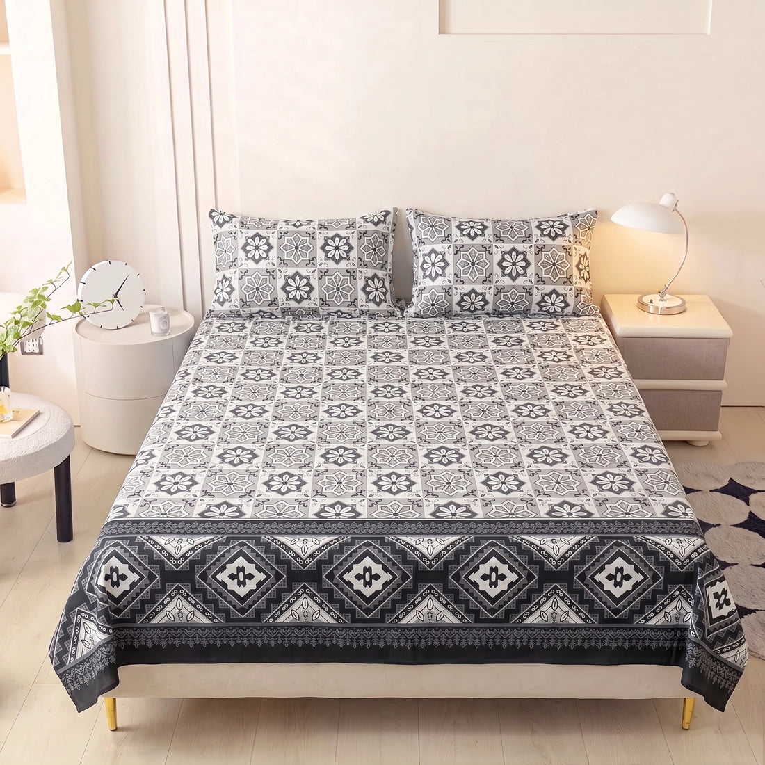 Charcoal Mosaic Tile Pure Cotton Bedsheet Set — 3 PCS