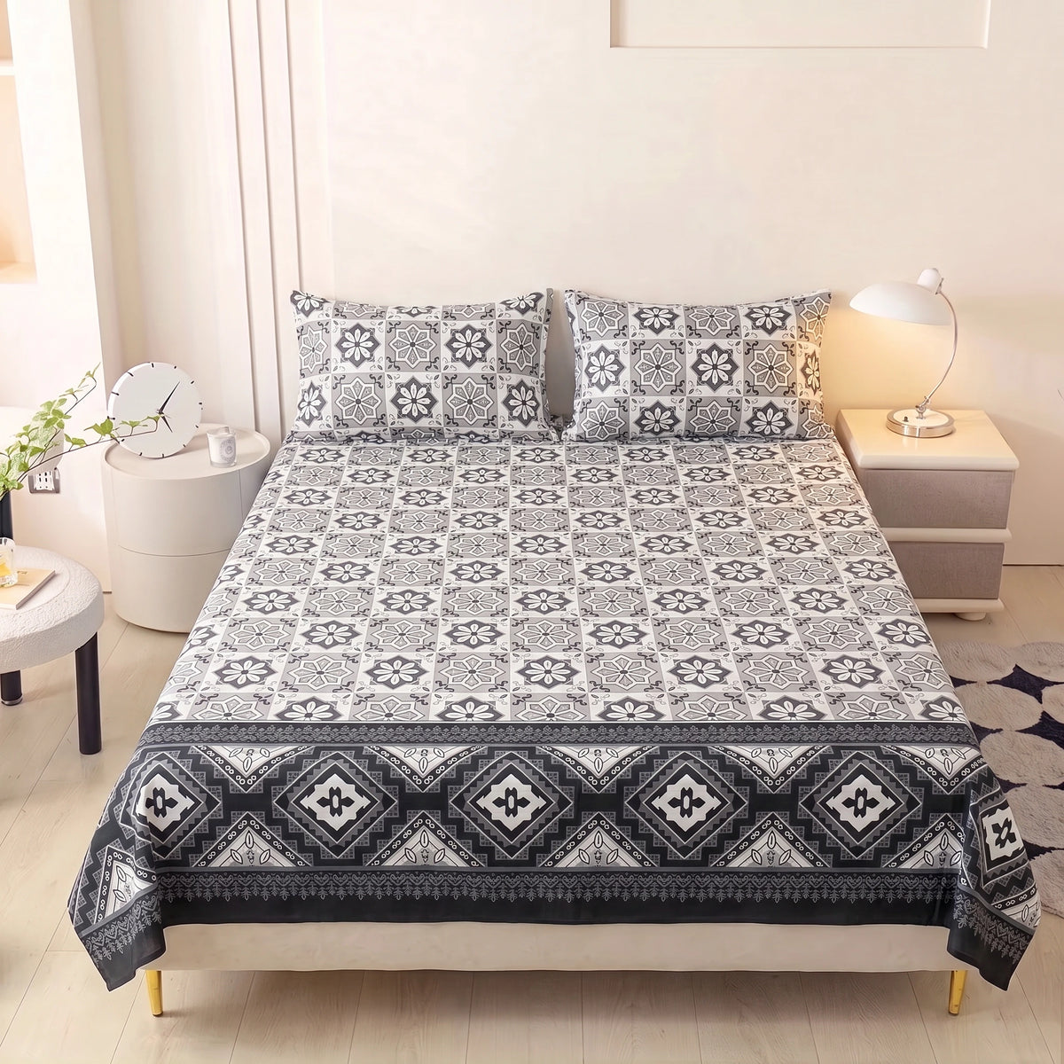 Charcoal Mosaic Tile Pure Cotton Bedsheet Set — 3 PCS
