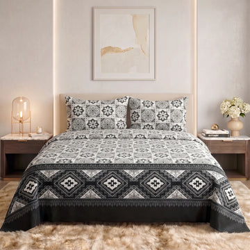Charcoal Mosaic Tile Pure Cotton Bedsheet Set — 3 PCS