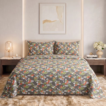 Charcoal Rust Blossom Pure Cotton Bedsheet Set — 3 PCS