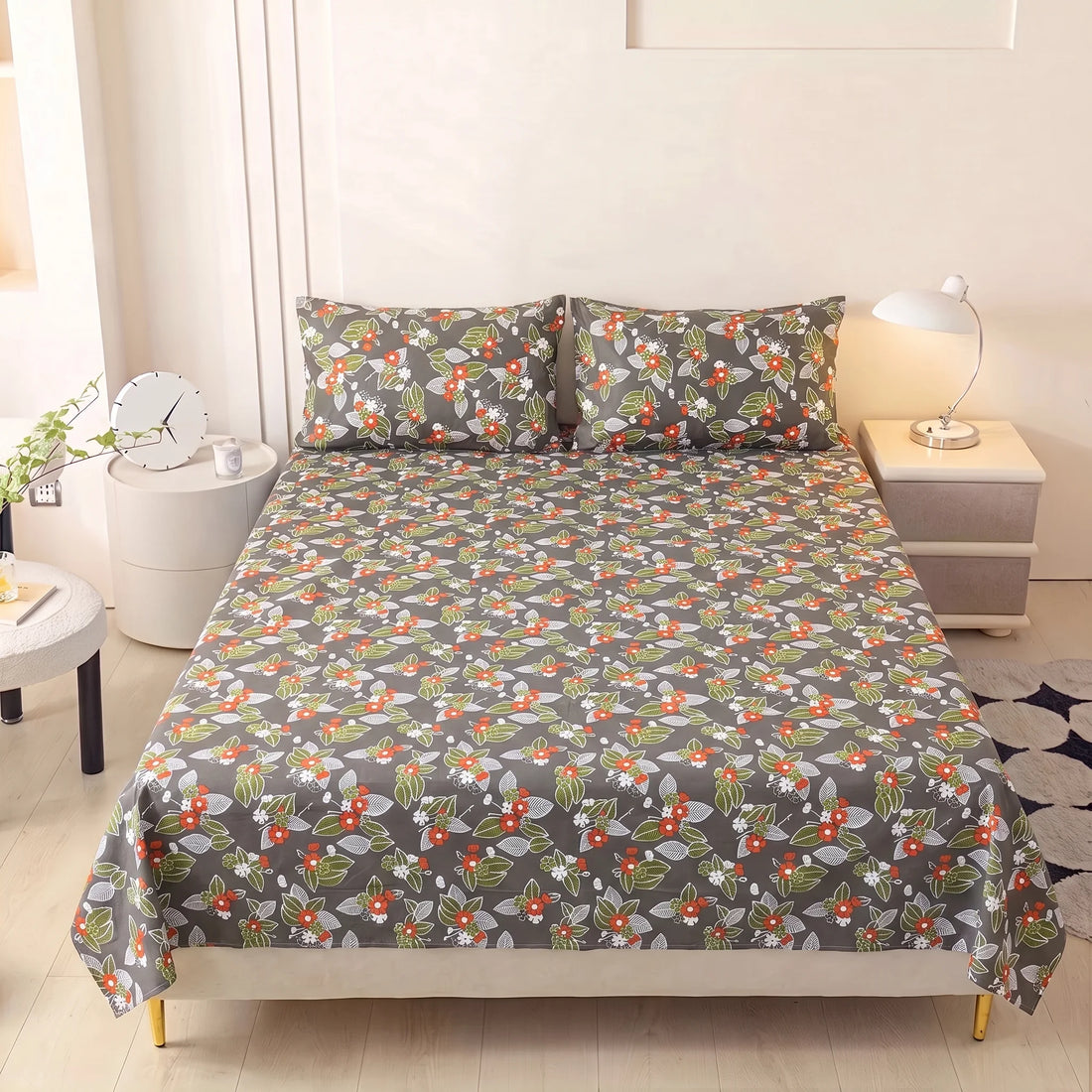 Charcoal Rust Blossom Pure Cotton Bedsheet Set — 3 PCS