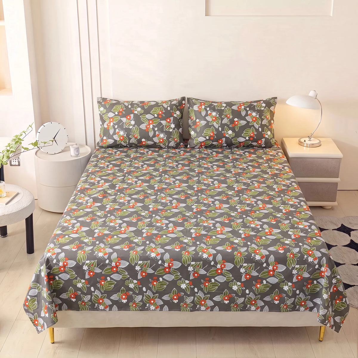 Charcoal Rust Blossom Pure Cotton Bedsheet Set — 3 PCS