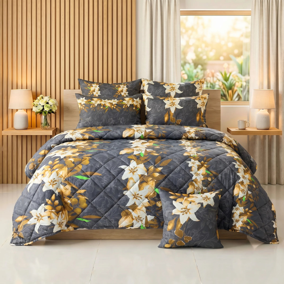 Charcoal & Gold Lily Comforter Set  — 8 PCS